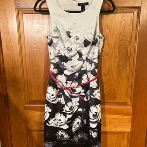 White House Black Market Black and White Floral Midi Dress with Pink Belt